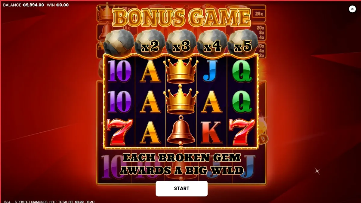 Interface do slot 5 Perfect Diamonds com diamantes brilhantes e símbolos clássicos