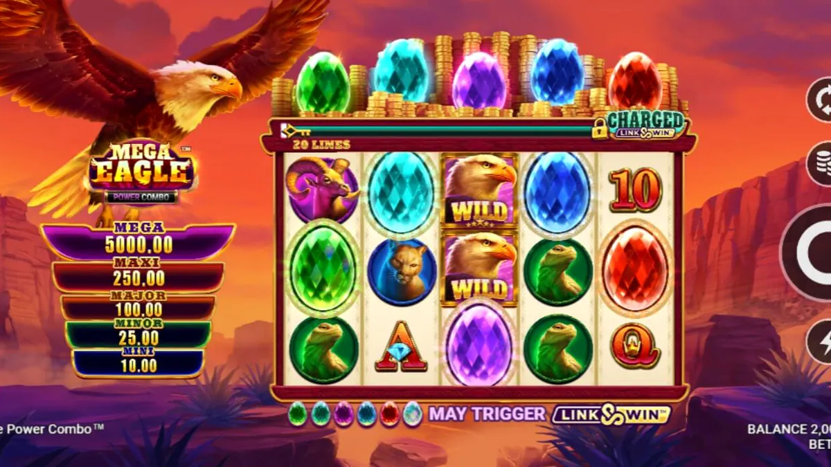 Cenário montanhoso e majestoso do slot Mega Eagle Power Combo