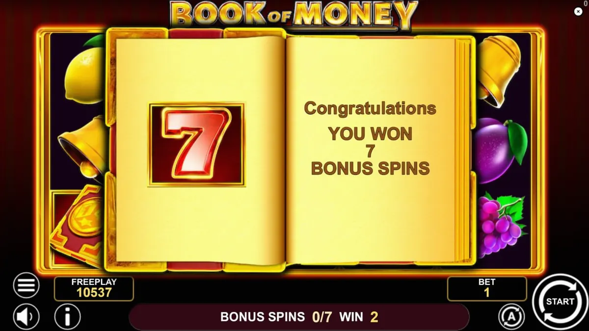 Interface visual e símbolos do slot Book of Money com tema clássico de frutas e livros antigos